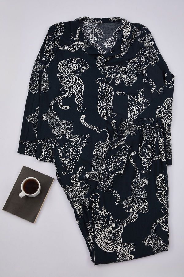 Trendyol Trendyol Curve Anthracite Shirt Collar Animal Patterned Woven Pajama Set