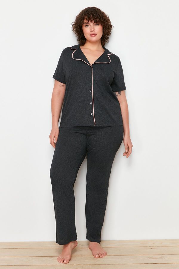 Trendyol Trendyol Curve Anthracite Shirt Collar Ribbed Knitted Pajamas Set