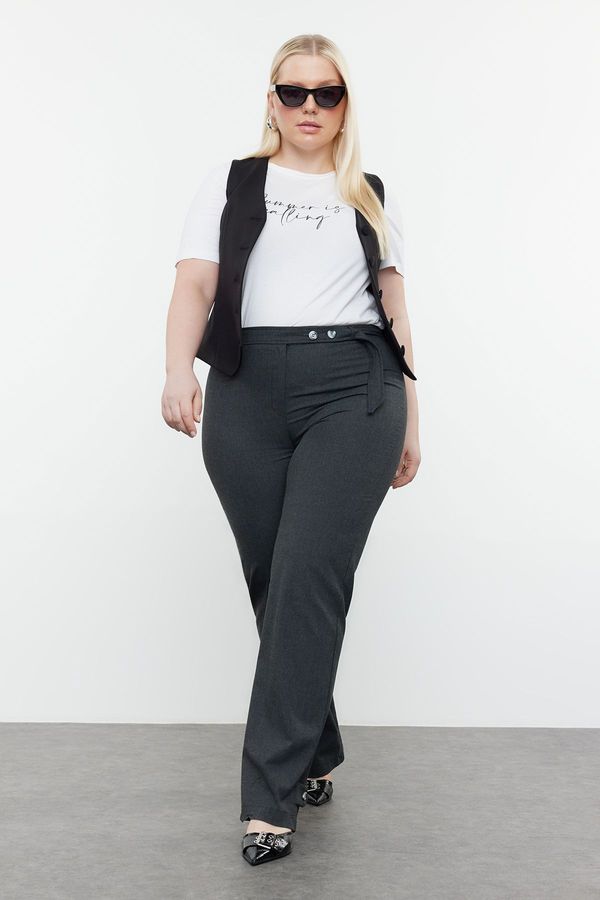 Trendyol Trendyol Curve Anthracite Straight Cut Woven Trousers with Buttoned Legs and Belt