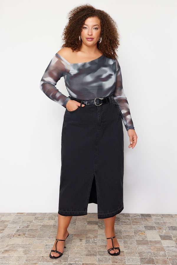 Trendyol Trendyol Curve Anthracite Tulle Lined Asymmetric Collar Knitted Blouse