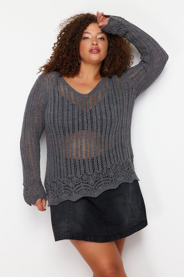 Trendyol Trendyol Curve Anthracite V-Neck Openwork Thin Knitwear Sweater