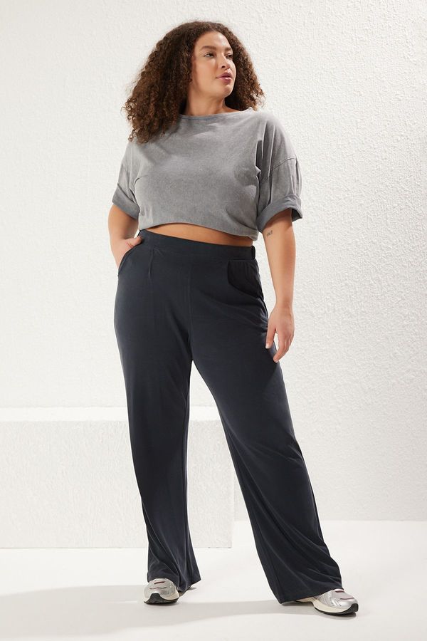 Trendyol Trendyol Curve Anthracite Wide Leg Pleated Modal Flowy Knit Plus Size Trousers