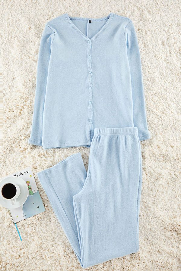 Trendyol Trendyol Curve Baby Blue Brushed Soft Ribbed Cardigan Knitted Pajama Set