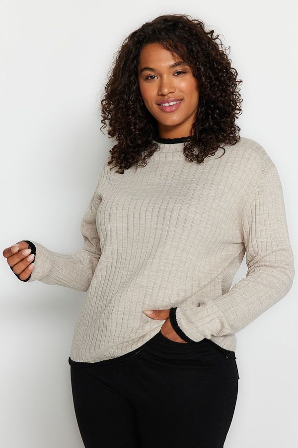 Trendyol Trendyol Curve Beige Corded Collar Stripe Detailed Knitwear Sweater