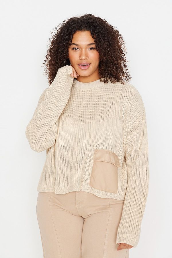 Trendyol Trendyol Curve Beige Crew Neck Pocket Detailed Low Shoulder Knitwear Sweater