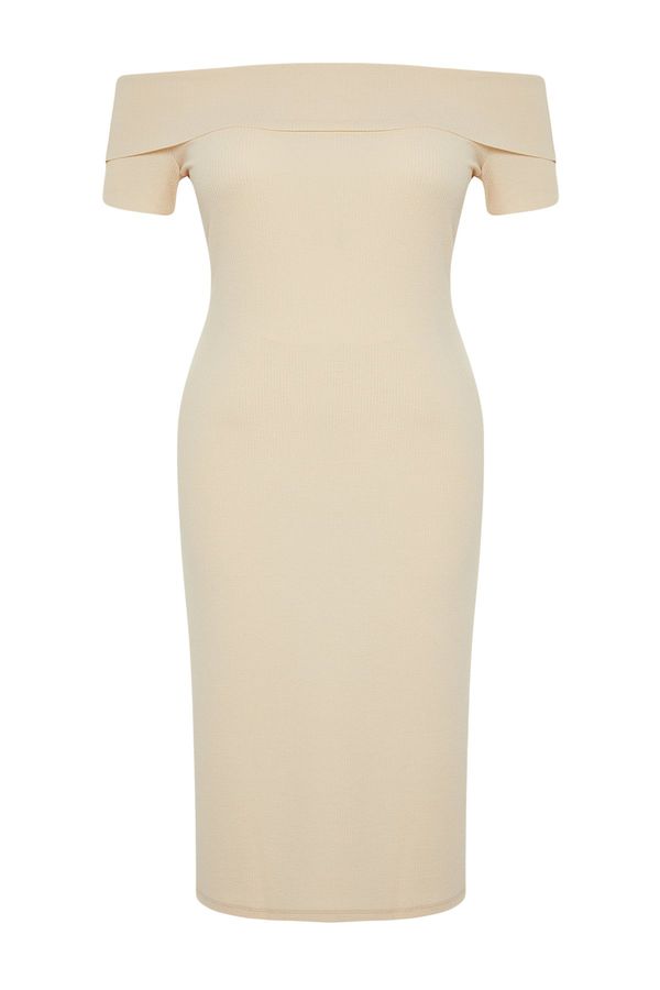 Trendyol Trendyol Curve Beige Fitted/Fitted Carmen Collar Ribbed Soft Textured Midi Flexible Knitted Dress
