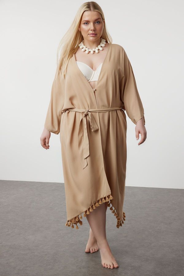 Trendyol Trendyol Curve Beige Hem Tasseled Bat Sleeve Viscose Beach Wear Kimono & Kaftan