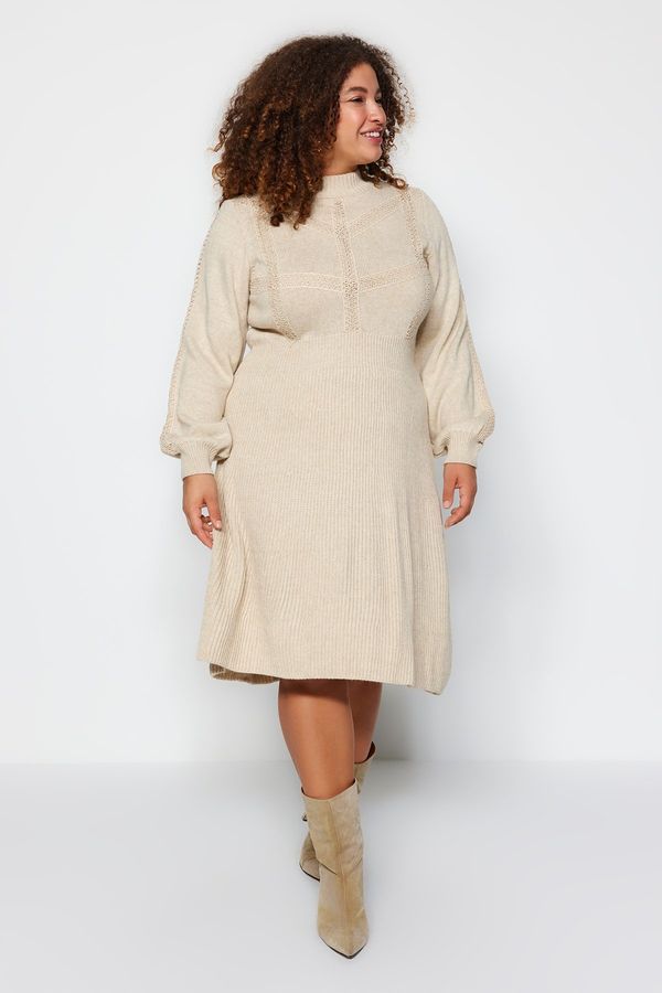 Trendyol Trendyol Curve Beige Knit Detailed Ribbed Plus Size & Maternity Knitwear Dress