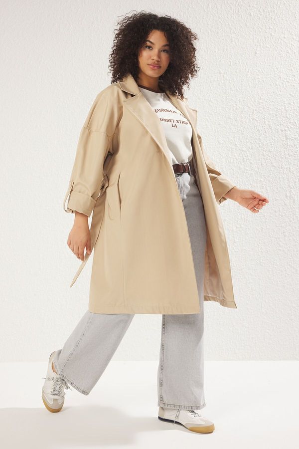 Trendyol Trendyol Curve Beige Long Oversize Plus Size Trench Coat
