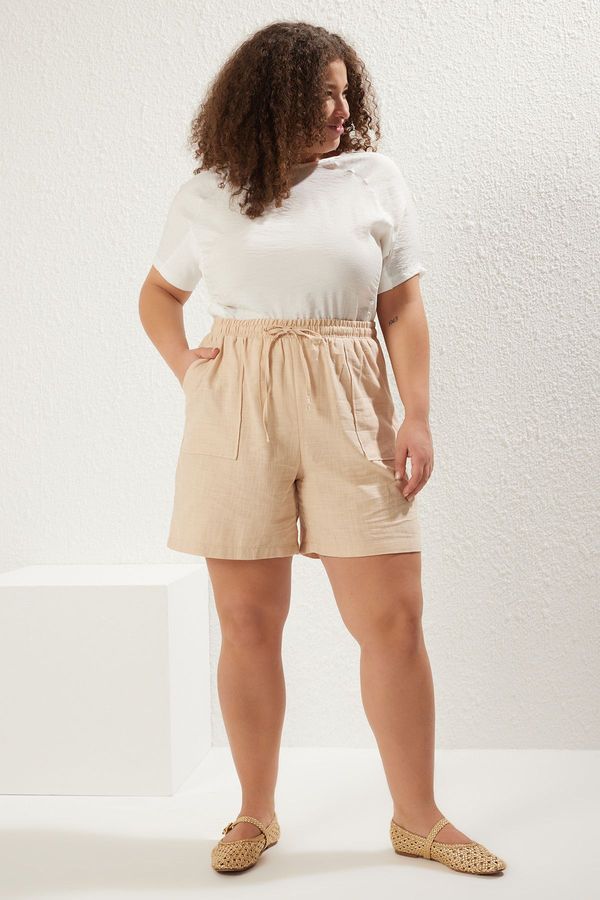 Trendyol Trendyol Curve Beige Pocketed Linen Look Elastic Waist Laced Woven Plus Size Shorts & Bermuda