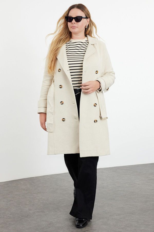 Trendyol Trendyol Curve Beige Regular Fit Belt Detailed Wool Blend Coat