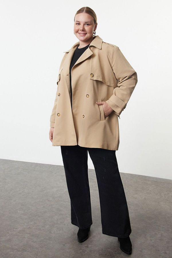 Trendyol Trendyol Curve Beige Regular Fit Belted Technical Fabric Trench Coat