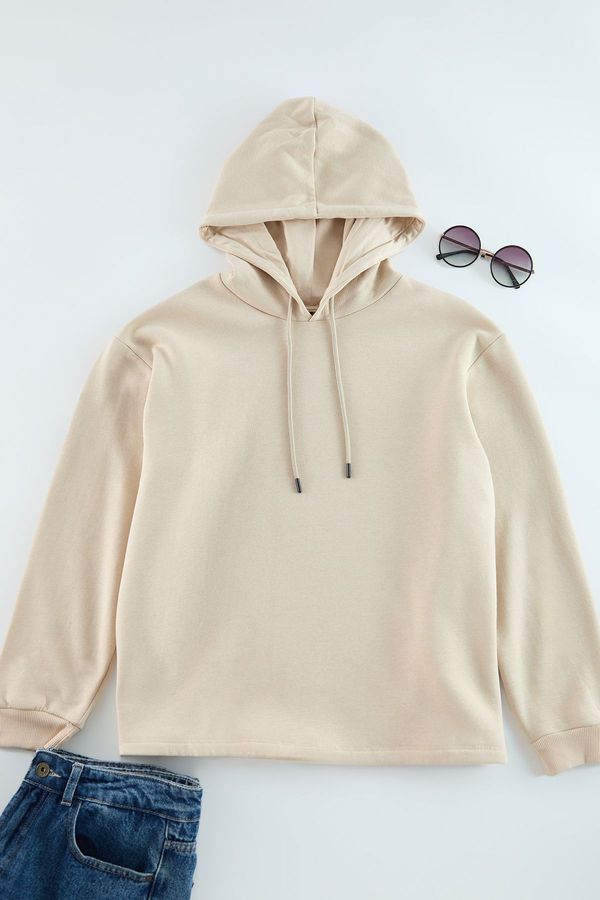 Trendyol Trendyol Curve Beige Regular Fit Hooded Polar Fleece Inside Knitted Plus Size Sweatshirt