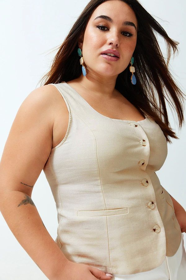 Trendyol Trendyol Curve Beige Square Neck Linen Look Vest