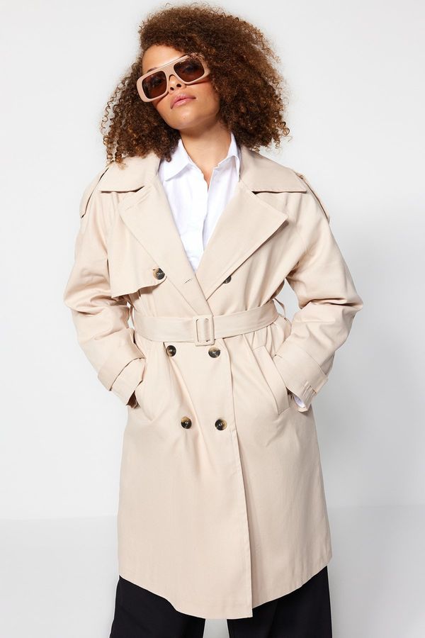 Trendyol Trendyol Curve Beige Waist Belted Gabardine Trench Coat