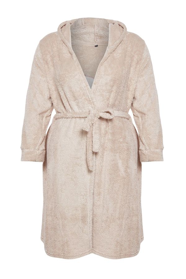 Trendyol Trendyol Curve Beige Wellsotf/Plush Bear Embroidered Hooded Knitted Dressing Gown