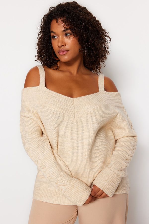 Trendyol Trendyol Curve Beige Wide Neck Strap Detailed Knitwear Sweater