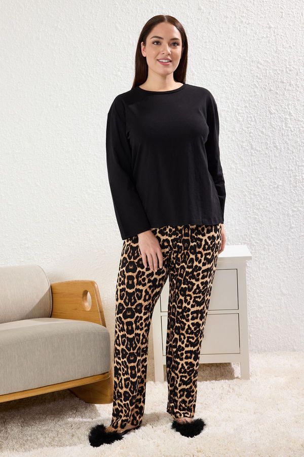 Trendyol Trendyol Curve Black 100% Cotton Leopard Patterned Knitted Pajama Set
