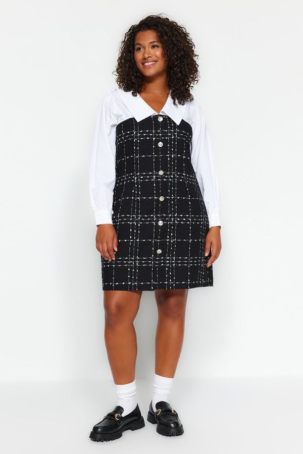 Trendyol Trendyol Curve Black and White Shirt Collar Long Sleeve Buttoned Tweed Dress