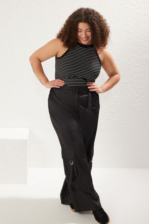 Trendyol Trendyol Curve Black Barter Neck Striped Knitted Plus Size Tank Top
