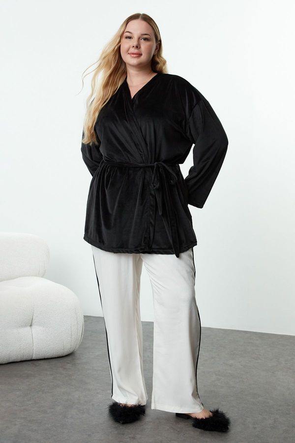 Trendyol Trendyol Curve Black Belted Double Breasted Velvet Knitted Dressing Gown