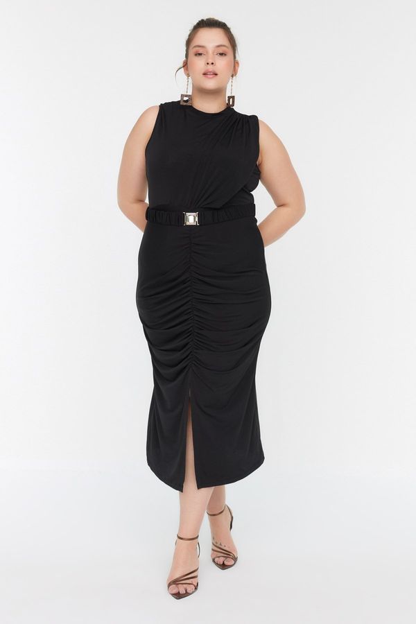 Trendyol Trendyol Curve Black Belted Drape and Slit Knitted Dress