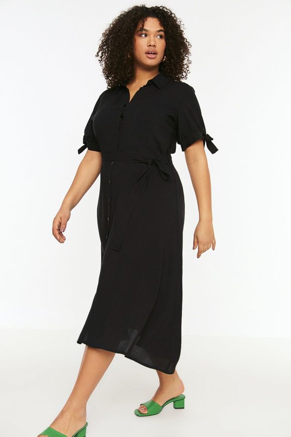 Trendyol Trendyol Curve Black Belted Dress with Woven Buttons