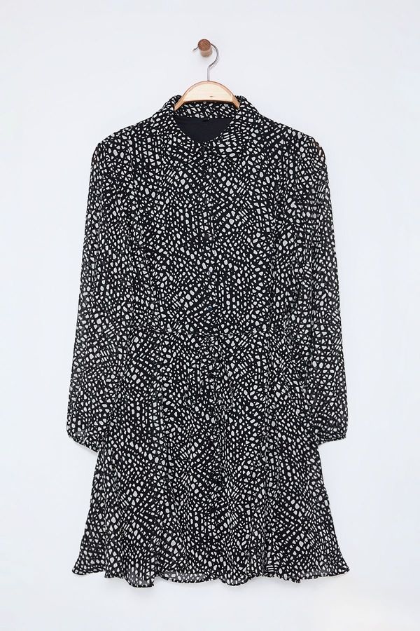 Trendyol Trendyol Curve Black Belted Polka Dot Mini Lined Chiffon Woven Winter Shirt Dress