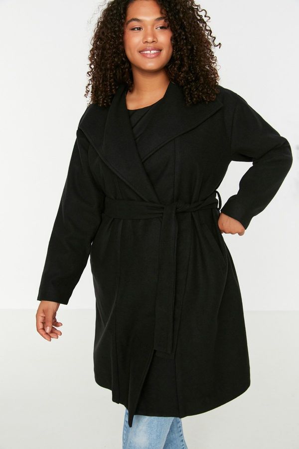 Trendyol Trendyol Curve Black Belted Wide Collar Oversize Cashmere Coat