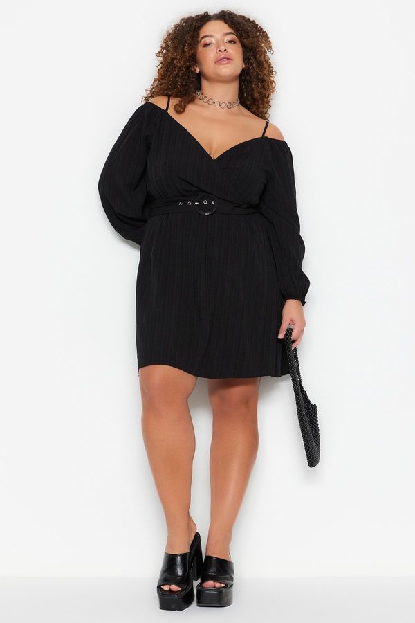 Trendyol Trendyol Curve Black Belted Woven Double Breasted Collar Dress