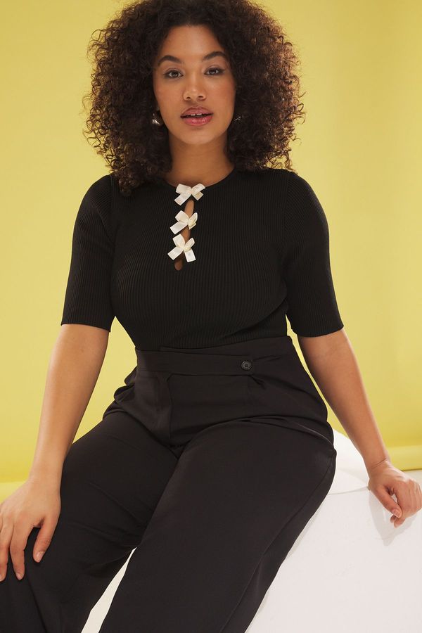 Trendyol Trendyol Curve Black Bow/Ribbon Detailed Ribbed Knit Blouse