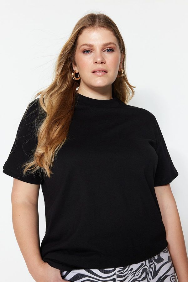 Trendyol Trendyol Curve Black Boyfriend Ribbed Collar 100% Cotton Knitted T-shirt