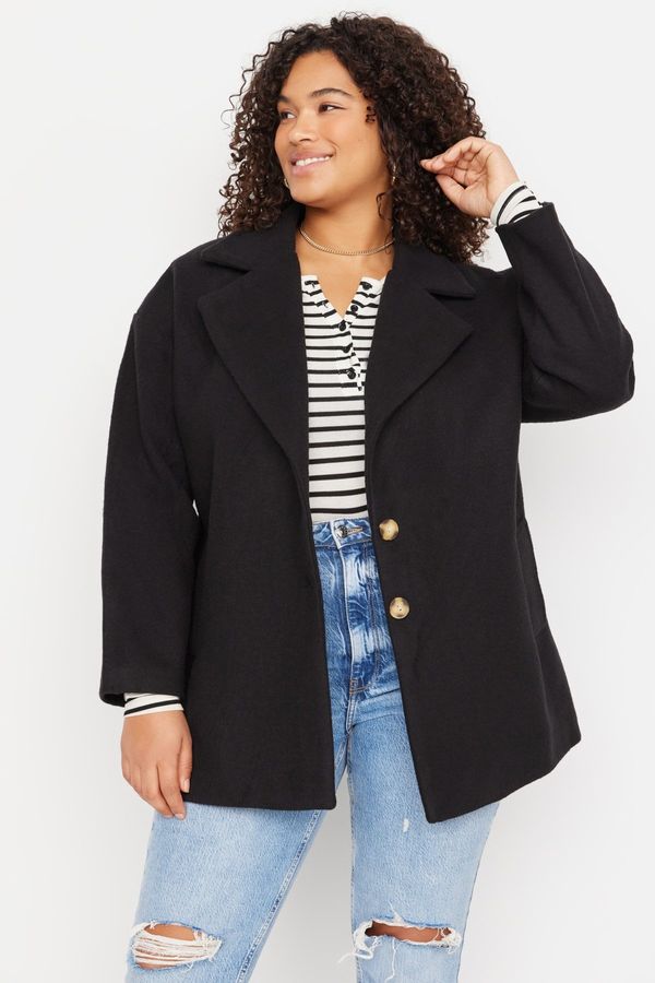 Trendyol Trendyol Curve Black Button Detailed Wide Cut Stamped Woven Coat