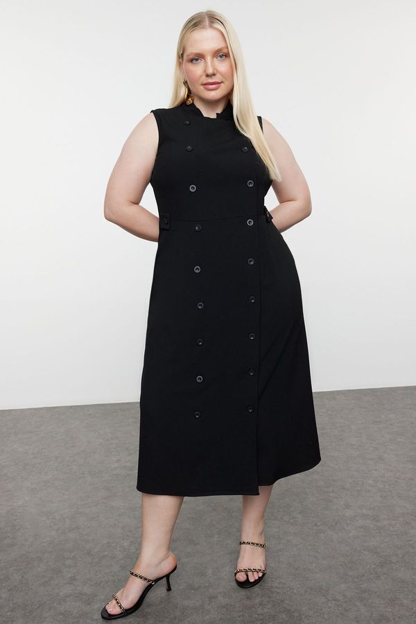Trendyol Trendyol Curve Black Buttoned Collar Midi Woven Plus Size Dress