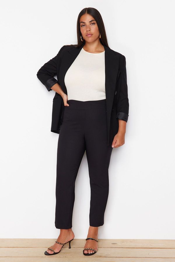 Trendyol Trendyol Curve Black Cigarette Ribbed Waist Detailed Woven Plus Size Trousers