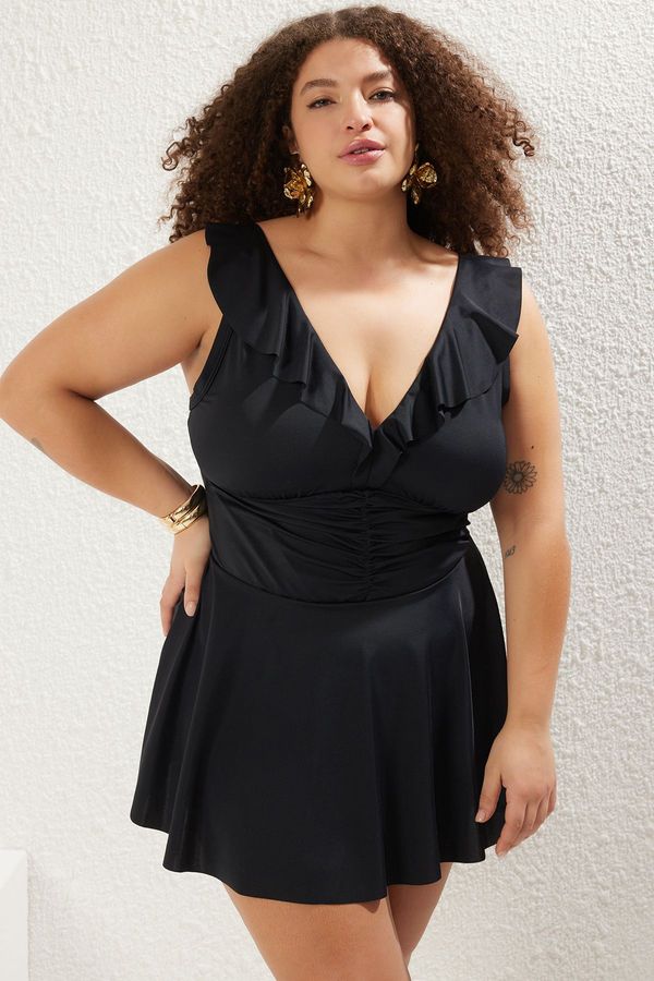 Trendyol Trendyol Curve Black Collar with Ruffle Detail Pleated Waist Skirted Plus Size Swimsuit