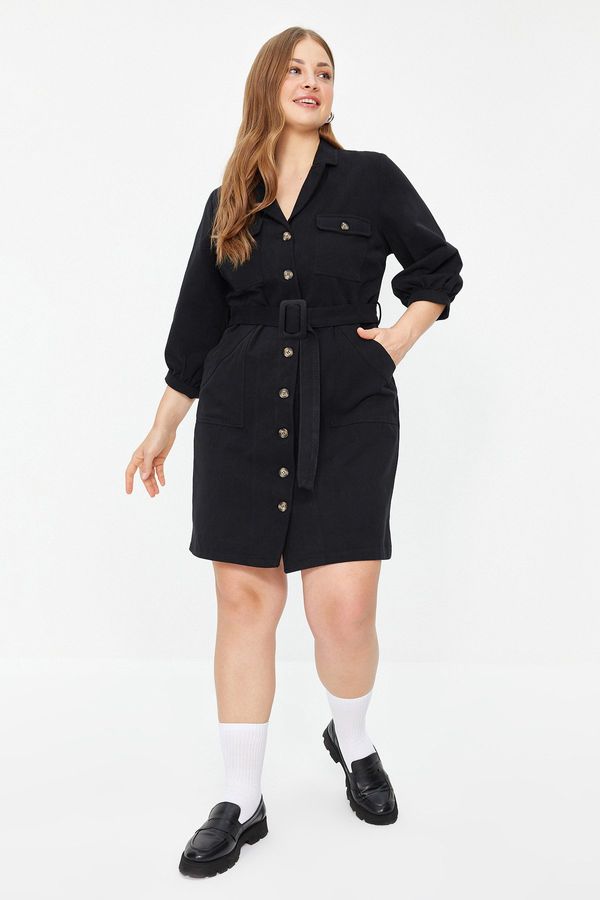 Trendyol Trendyol Curve Black Cotton Mini/Short Length Pocket Buttoned Belted Gabardine Woven Plus Size Dress