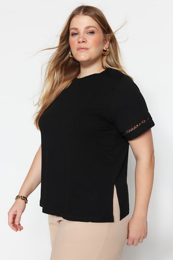 Trendyol Trendyol Curve Black Crew Neck Lace Detailed 100% Cotton Knitted T-Shirt