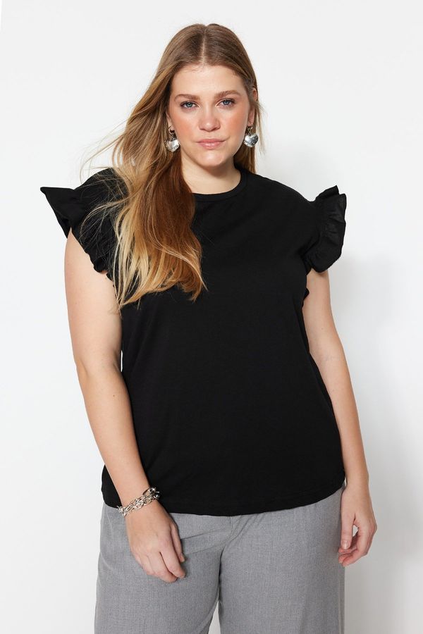 Trendyol Trendyol Curve Black Crew Neck Sleeves Frilly Knitted T-Shirt