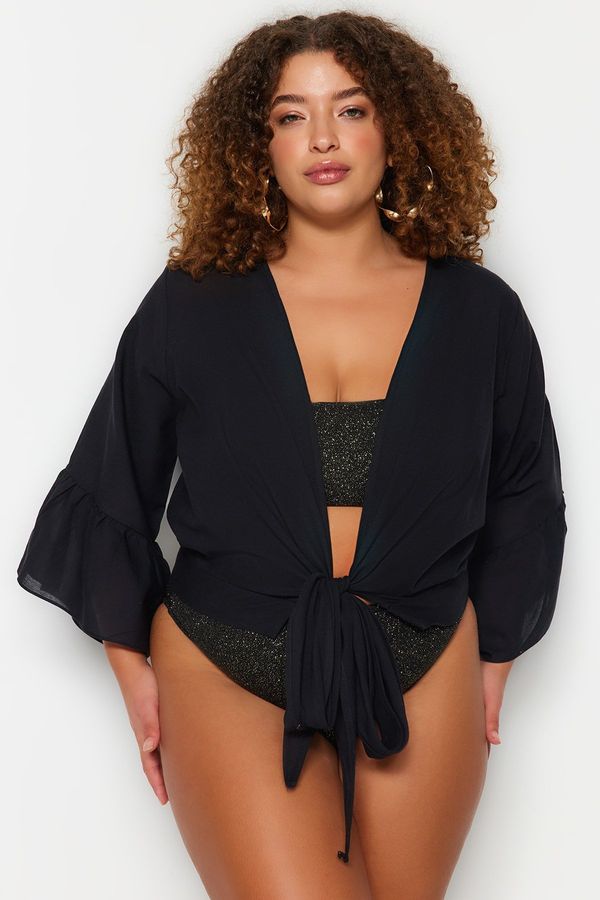 Trendyol Trendyol Curve Black Double Breasted Collar Sleeve Ruffle Beach Wear Blouse