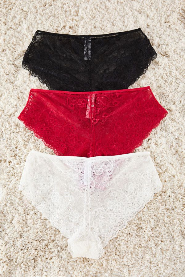 Trendyol Trendyol Curve Black-Ecru-Red Soft Lace Plus Size Panties