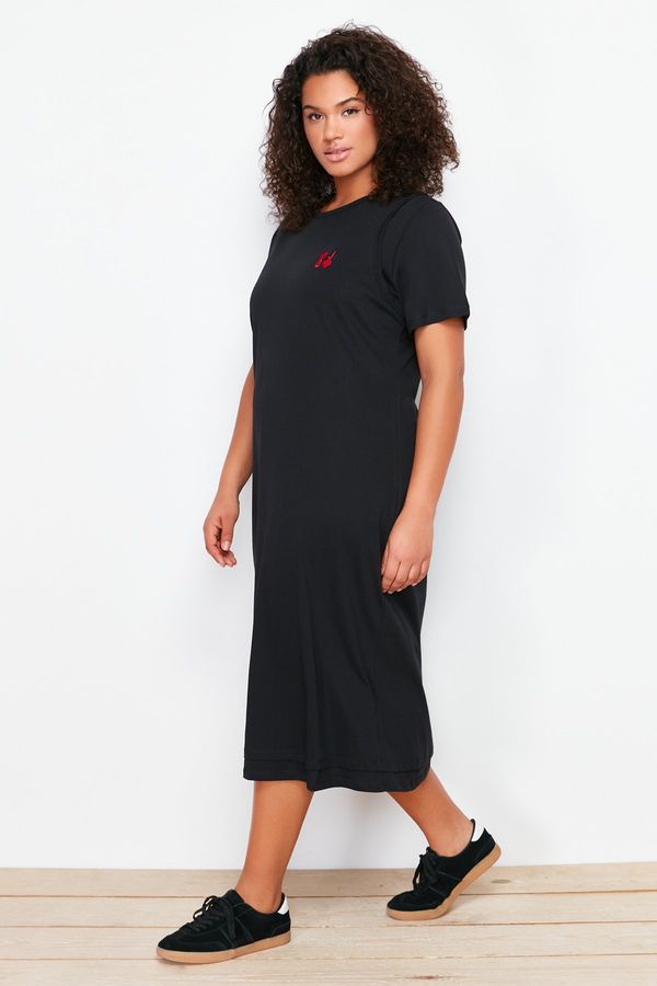 Trendyol Trendyol Curve Black Embroidery Detailed Knitted T-shirt Dress