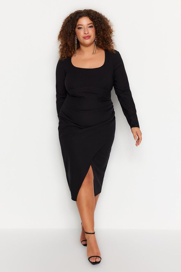 Trendyol Trendyol Curve Black Fitted Midi tkana haljina