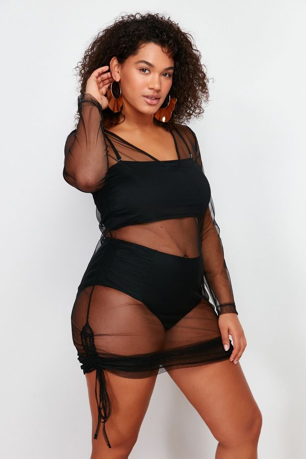 Trendyol Trendyol Curve Black Fitted Mini Gathered Mesh Beach Dress