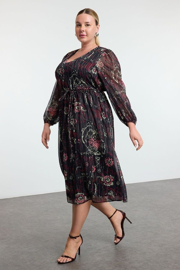 Trendyol Trendyol Curve Black Floral Glitter Woven Chiffon Lined Plus Size Dress