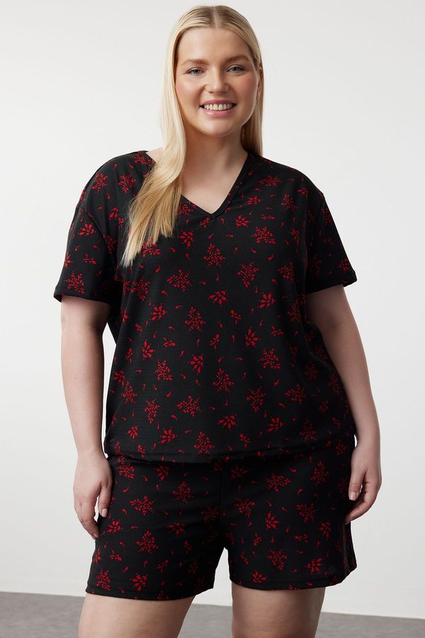 Trendyol Trendyol Curve Black Floral Patterned V-Neck Knitted Pajama Set