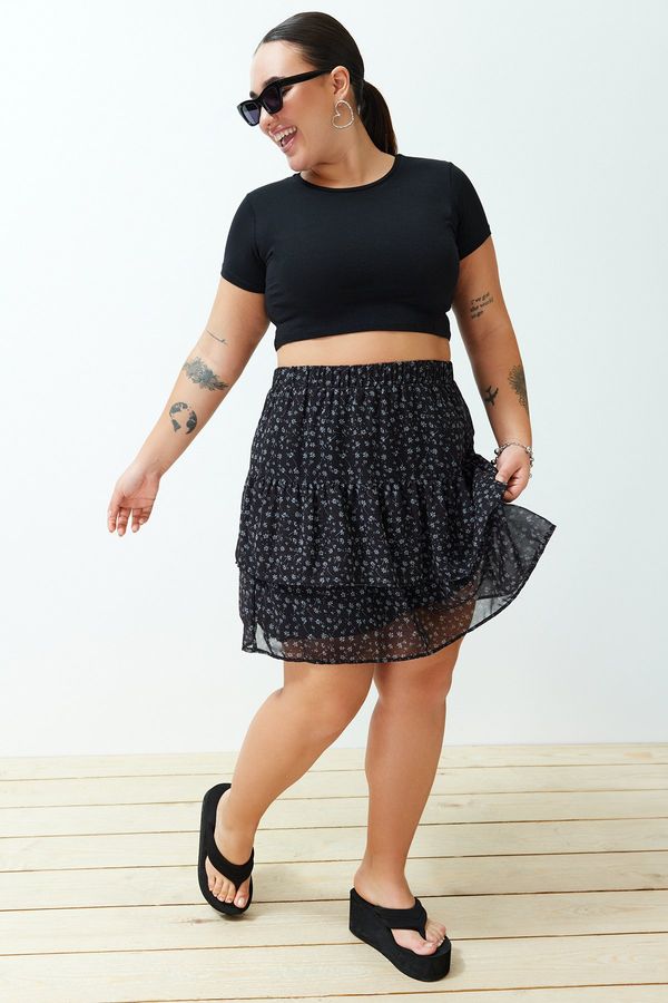 Trendyol Trendyol Curve Black Floral Skirt Frilly Mini Woven Skirt