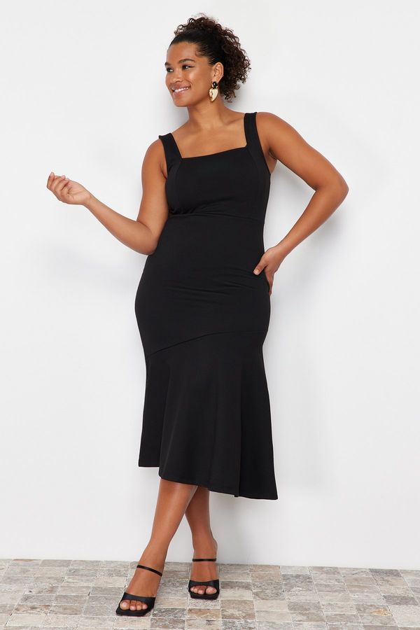 Trendyol Trendyol Curve Black Flounce Detailed Midi Knitted Dress