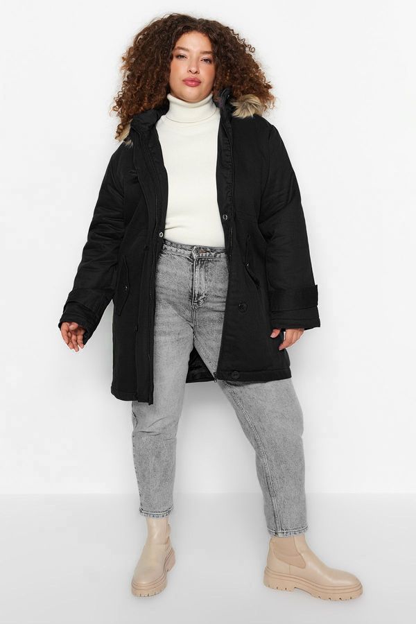 Trendyol Trendyol Curve Black Fur Hooded Parka & Coat