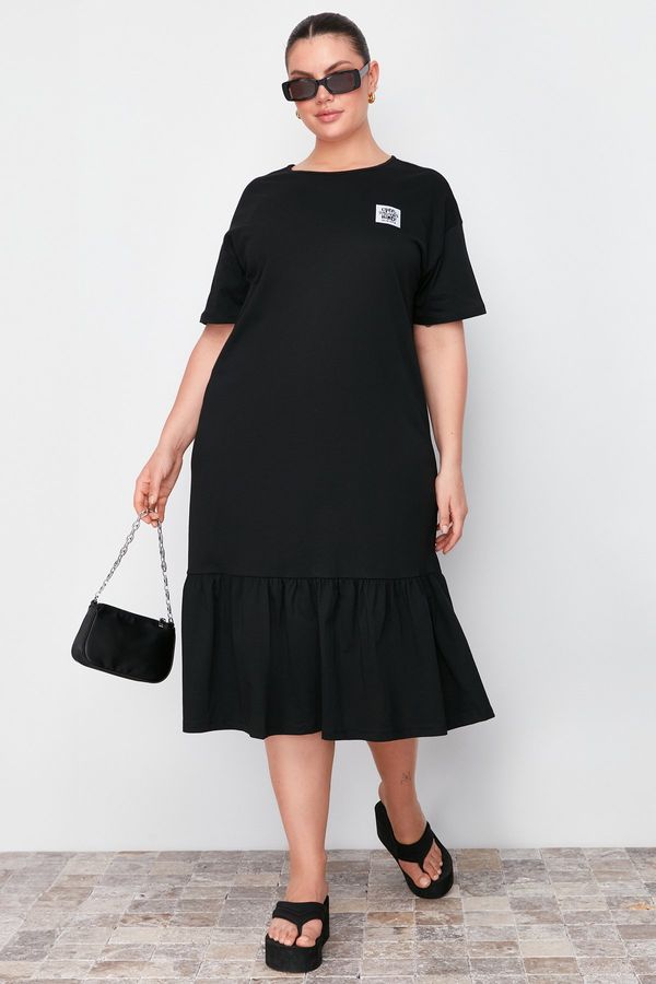 Trendyol Trendyol Curve Black Gathered and Label Detailed Knitted T-shirt Dress